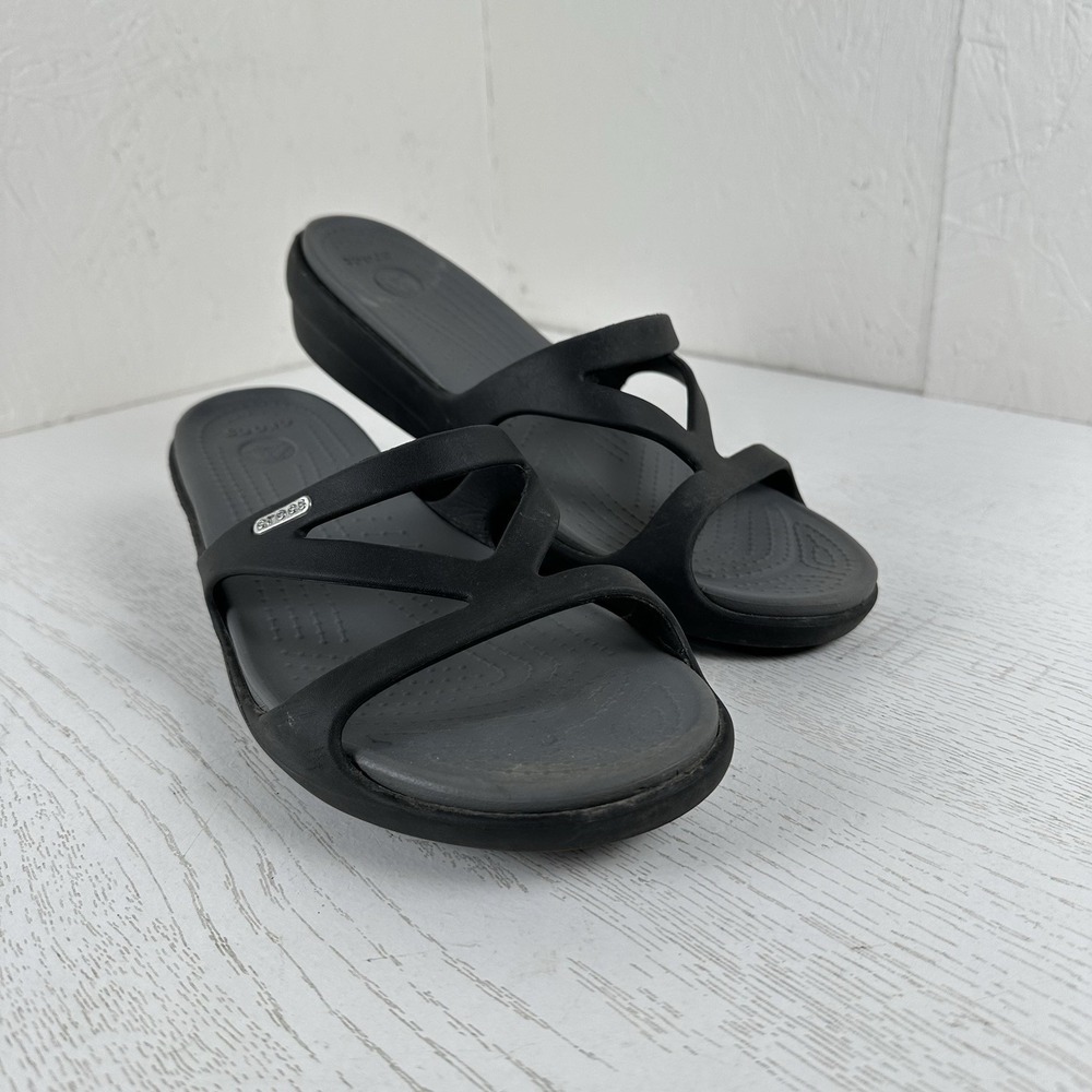Crocs Hilga Wedge Cut Out Sandals Womens Size 11 Black Gray Comfort Strappy Shoe
